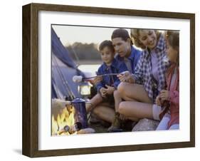 Parents And Their Children Sitting Around a Campfire Toasting Marshmallows-null-Framed Premium Photographic Print