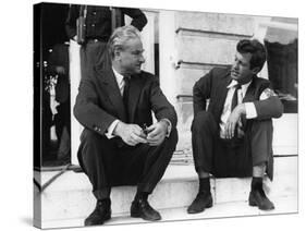 PARIS BRULE-T-IL ?, 1966 by RENE CLEMENT On the set, Rene Clement with Jean-Paul Belmondo (b/w phot-null-Stretched Canvas