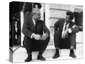 PARIS BRULE-T-IL ?, 1966 by RENE CLEMENT On the set, Rene Clement with Jean-Paul Belmondo (b/w phot-null-Stretched Canvas