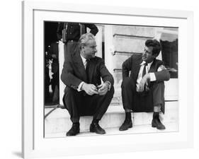 PARIS BRULE-T-IL ?, 1966 by RENE CLEMENT On the set, Rene Clement with Jean-Paul Belmondo (b/w phot-null-Framed Photo