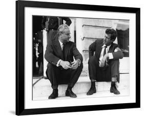 PARIS BRULE-T-IL ?, 1966 by RENE CLEMENT On the set, Rene Clement with Jean-Paul Belmondo (b/w phot-null-Framed Photo