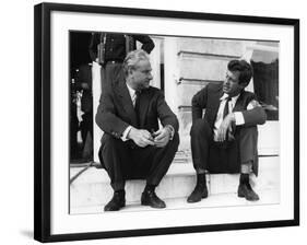 PARIS BRULE-T-IL ?, 1966 by RENE CLEMENT On the set, Rene Clement with Jean-Paul Belmondo (b/w phot-null-Framed Photo