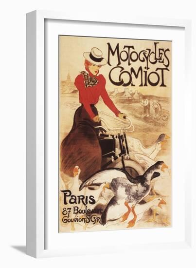Paris, France - Comiot Motocycles Woman and Geese Promo Poster-Lantern Press-Framed Art Print