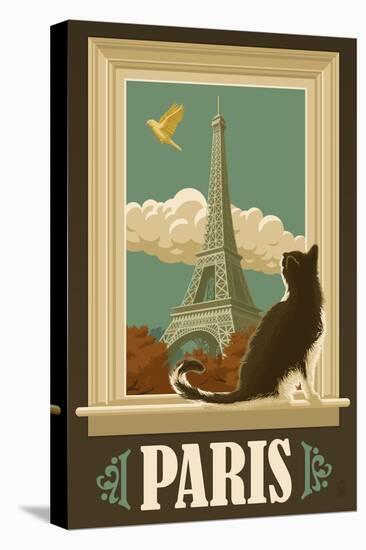 Paris, France - Eiffel Tower and Cat Window-Lantern Press-Stretched Canvas