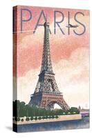 Paris, France - Eiffel Tower and River - Lithograph Style-Lantern Press-Stretched Canvas