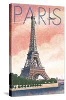 Paris, France - Eiffel Tower and River - Lithograph Style-Lantern Press-Stretched Canvas