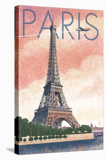 Paris, France - Eiffel Tower and River - Lithograph Style-Lantern Press-Stretched Canvas