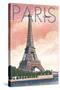 Paris, France - Eiffel Tower and River - Lithograph Style-Lantern Press-Stretched Canvas