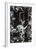 Paris, France - Little Girl at Window with Flowers-Lantern Press-Framed Art Print