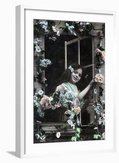 Paris, France - Little Girl at Window with Flowers-Lantern Press-Framed Art Print