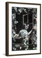 Paris, France - Little Girl at Window with Flowers-Lantern Press-Framed Art Print