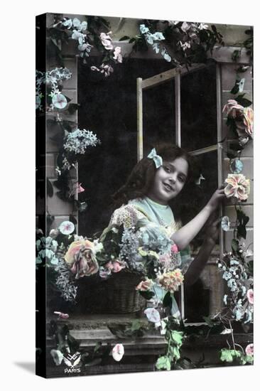 Paris, France - Little Girl at Window with Flowers-Lantern Press-Stretched Canvas