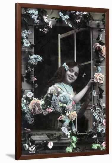 Paris, France - Little Girl at Window with Flowers-Lantern Press-Framed Art Print