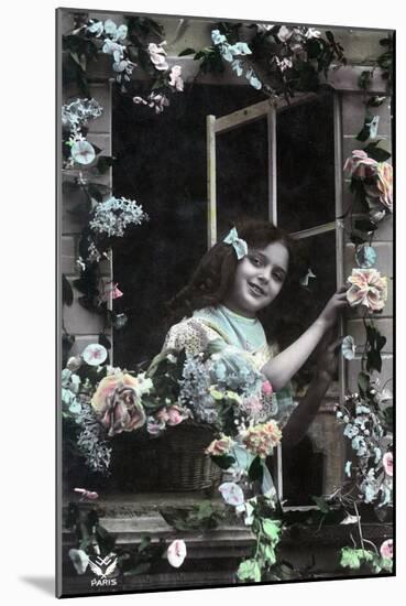 Paris, France - Little Girl at Window with Flowers-Lantern Press-Mounted Art Print