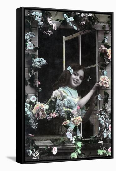 Paris, France - Little Girl at Window with Flowers-Lantern Press-Framed Stretched Canvas