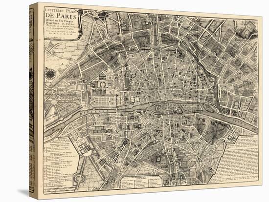Paris, France, Vintage Map-null-Stretched Canvas