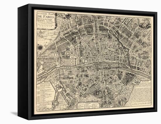 Paris, France, Vintage Map-null-Framed Stretched Canvas