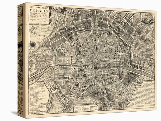 Paris, France, Vintage Map-null-Stretched Canvas