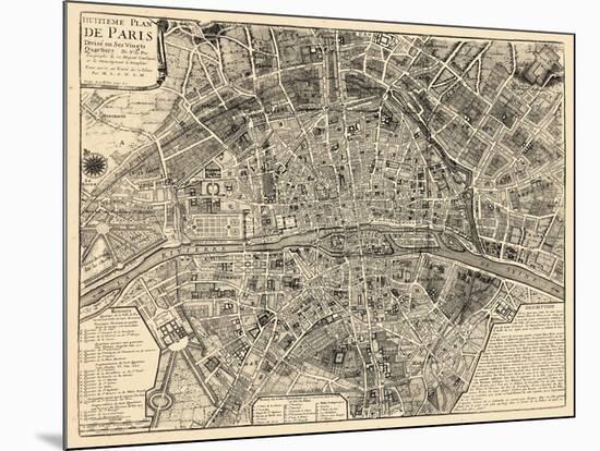 Paris, France, Vintage Map-null-Mounted Giclee Print