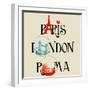 Paris, London And Roma Lettering, Famous Landmarks Eiffel Tower, London Bridge And Colosseum-Danussa-Framed Art Print