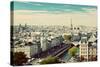 Paris Panorama, France. View on Eiffel Tower and Seine River from Notre Dame Cathedral. Vintage, Re-Michal Bednarek-Stretched Canvas