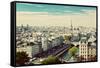 Paris Panorama, France. View on Eiffel Tower and Seine River from Notre Dame Cathedral. Vintage, Re-Michal Bednarek-Framed Stretched Canvas