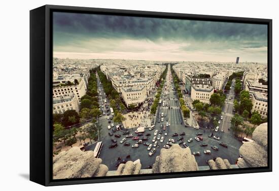 Paris Skyline - Avenue Des Champs-Elysees. View from Arc De Triomphe, Paris, France. Vintage, Retro-Michal Bednarek-Framed Stretched Canvas