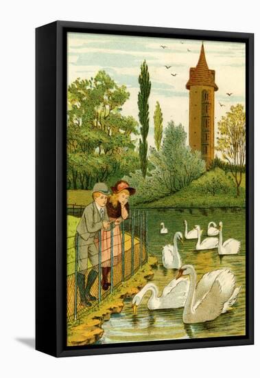 Paris Zoo - children watching swans-Thomas Crane-Framed Stretched Canvas