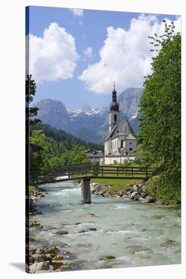 Parish Church against Reiteralpe, Ramsau, Upper Bavaria, Bavaria, Germany, Europe-Hans-Peter Merten-Stretched Canvas