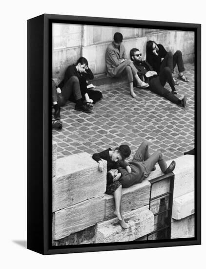 Parisian Beatniks Hanging Out on Bank of the Seine-Alfred Eisenstaedt-Framed Stretched Canvas