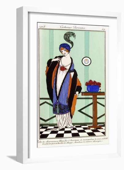 Parisian Clothing: White Charmeuse Robe with Violet Embroidered Silk Tunic, 1913-Robert Pichenot-Framed Giclee Print