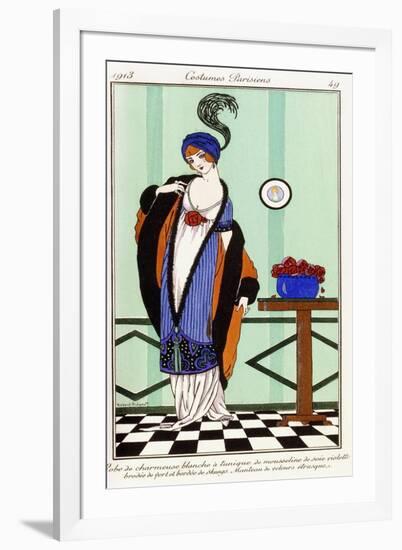 Parisian Clothing: White Charmeuse Robe with Violet Embroidered Silk Tunic, 1913-Robert Pichenot-Framed Giclee Print