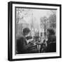 Parisian Couple Drinking Coca Cola at a Sidewalk Cafe While Reading, Paris, France, 1950-Mark Kauffman-Framed Photographic Print