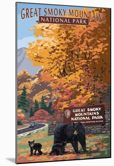 Park Entrance and Bear Family - Great Smoky Mountains National Park, TN-null-Mounted Poster