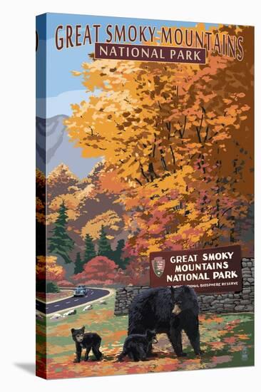 Park Entrance and Bear Family - Great Smoky Mountains National Park, TN-Lantern Press-Stretched Canvas