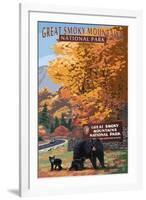 Park Entrance and Bear Family - Great Smoky Mountains National Park, TN-Lantern Press-Framed Art Print