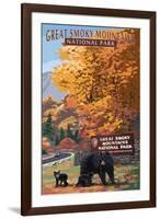 Park Entrance and Bear Family - Great Smoky Mountains National Park, TN-Lantern Press-Framed Art Print