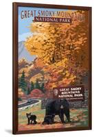 Park Entrance and Bear Family - Great Smoky Mountains National Park, TN-Lantern Press-Framed Art Print