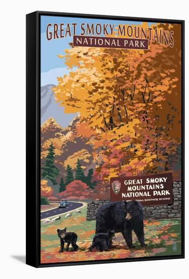 Park Entrance and Bear Family - Great Smoky Mountains National Park, TN-Lantern Press-Framed Stretched Canvas