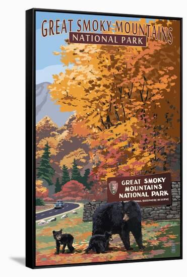 Park Entrance and Bear Family - Great Smoky Mountains National Park, TN-Lantern Press-Framed Stretched Canvas