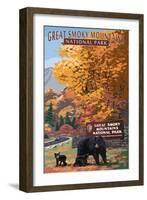 Park Entrance and Bear Family - Great Smoky Mountains National Park, TN-Lantern Press-Framed Art Print