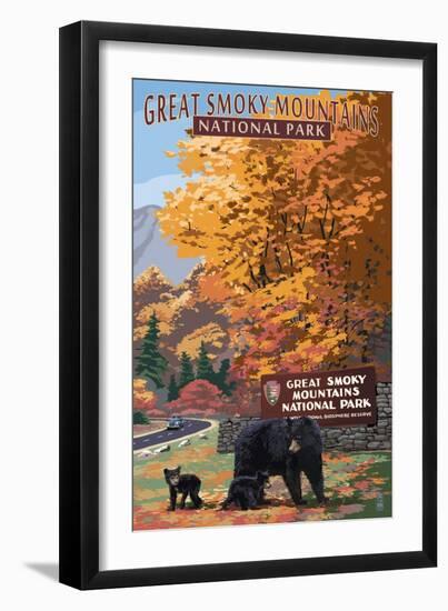 Park Entrance and Bear Family - Great Smoky Mountains National Park, TN-Lantern Press-Framed Art Print