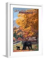 Park Entrance and Bear Family - Great Smoky Mountains National Park, TN-Lantern Press-Framed Art Print