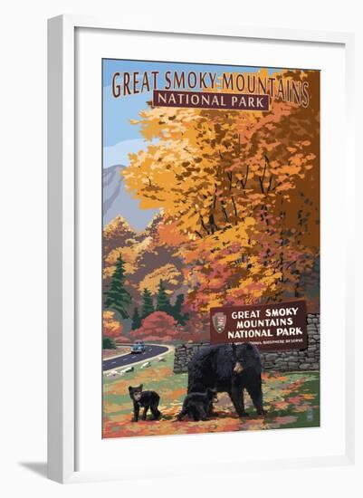 Park Entrance and Bear Family - Great Smoky Mountains National Park, TN-Lantern Press-Framed Art Print