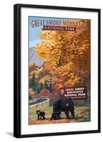 Park Entrance and Bear Family - Great Smoky Mountains National Park, TN-Lantern Press-Framed Art Print