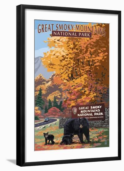 Park Entrance and Bear Family - Great Smoky Mountains National Park, TN-Lantern Press-Framed Art Print