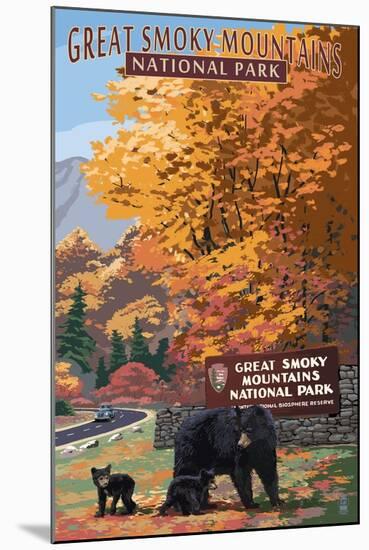 Park Entrance and Bear Family - Great Smoky Mountains National Park, TN-Lantern Press-Mounted Art Print