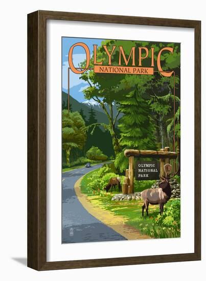 Park Entrance and Elk - Olympic National Park, Washington-Lantern Press-Framed Art Print