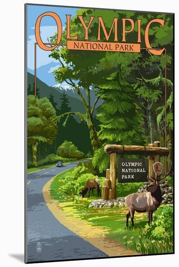 Park Entrance and Elk - Olympic National Park, Washington-Lantern Press-Mounted Art Print