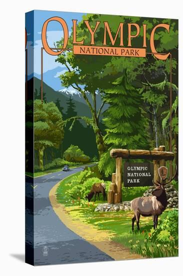 Park Entrance and Elk - Olympic National Park, Washington-Lantern Press-Stretched Canvas